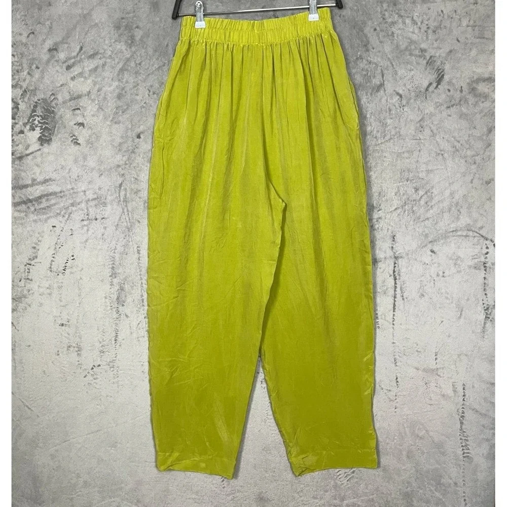 Vintage Y2K Lime Green Wide Leg Pull On Pants Lagenlook Large Loungewear Resort - Picture 2 of 9